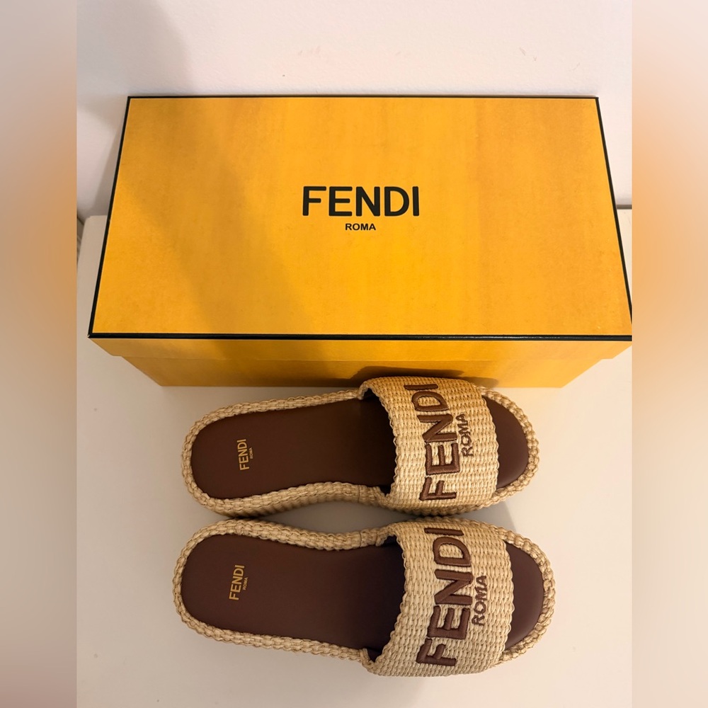 NWB FENDI Raffia FF Sunshine Platform Slide Sandals - Picture 8 of 14